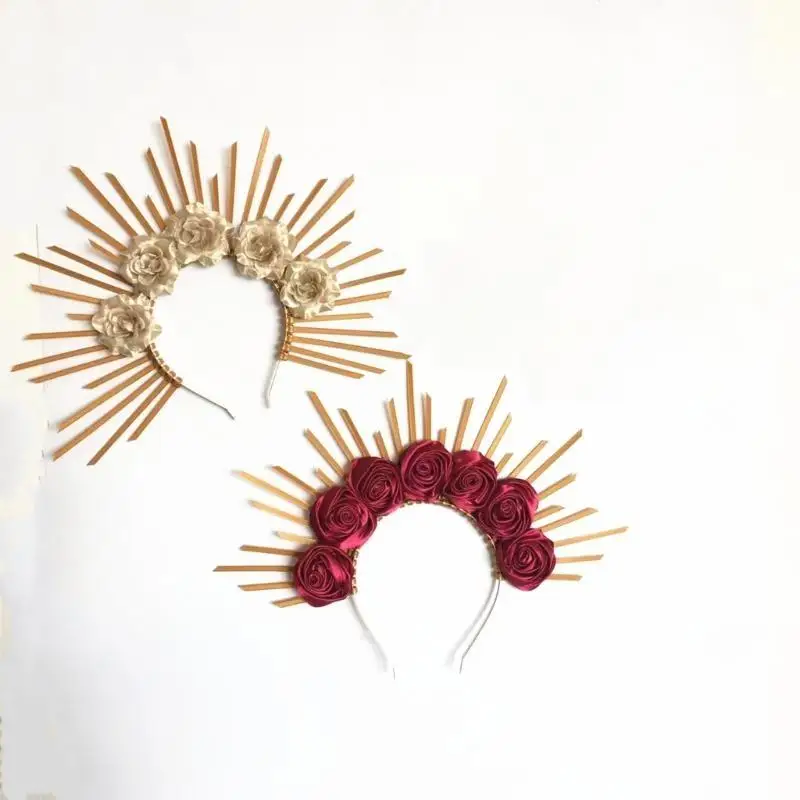 652F Punk Rock Kwiatowe nakrycia głowy Złota rozeta Opaska na głowę Opaska do włosów z kolcami Dekoracje na festiwale muzyczne i