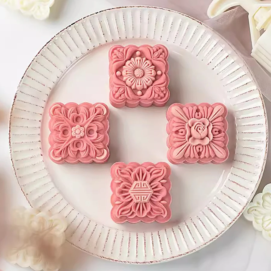 4Pcs/Set 75g Square Shape Mooncake Moulds Chinese Style Blossom  Flower Pattern Cookie Stamp DIY Festival Mung Bean Cake Tools