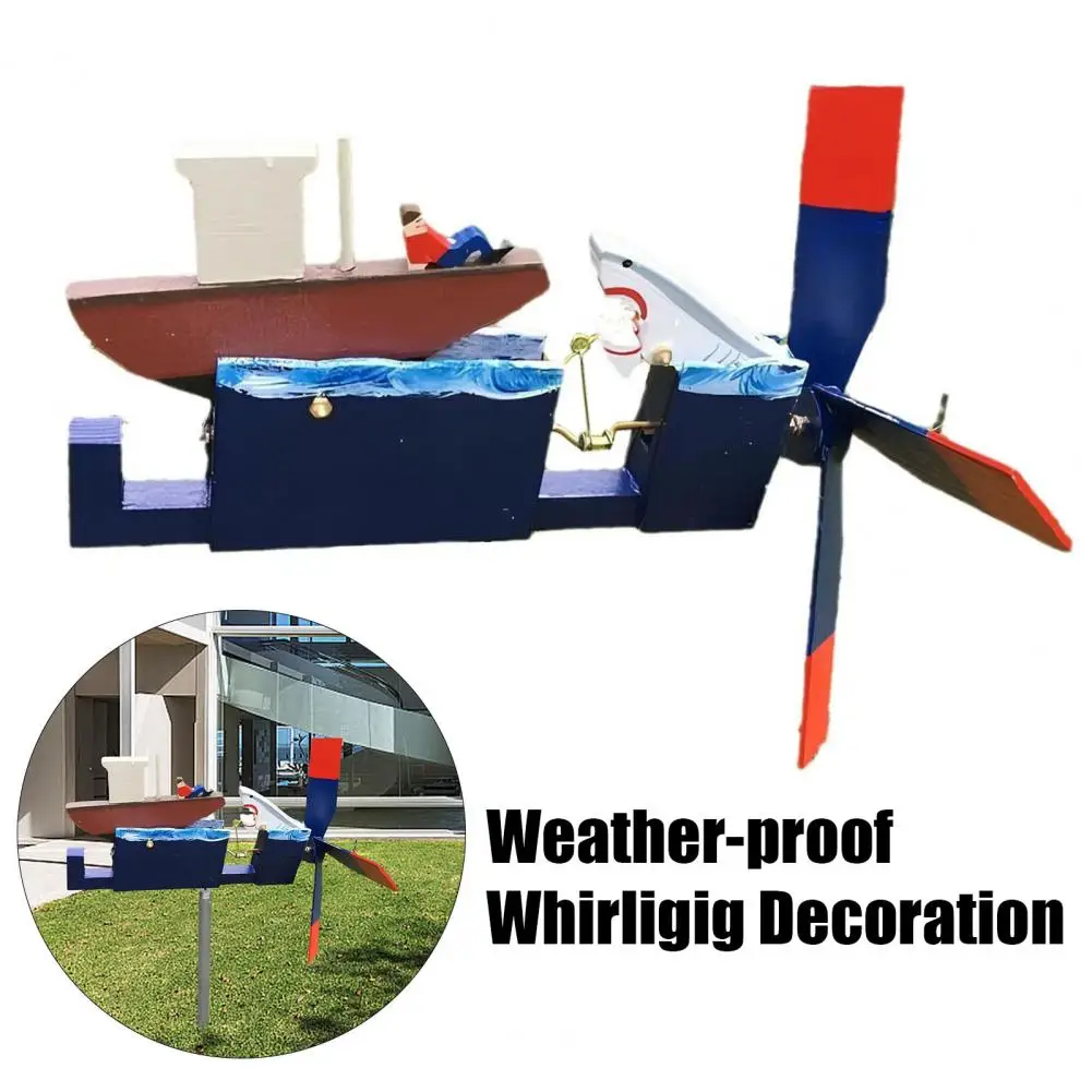 Shark Boat Whirligig Garden Decoration Weather-proof Outdoor Yard Patio Lawn Wooden Animal Ship Windmill Wind Spinner Ornament