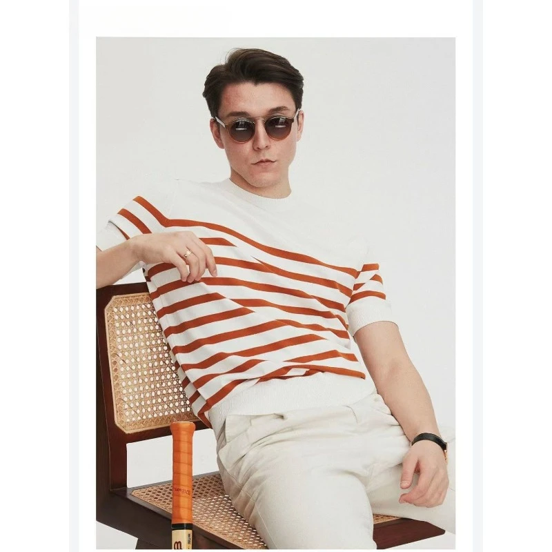 

Juspinice Striped O-neck Knitted T-shirts for Men's Summer Trendy Casual Short Sleeve Top Loose Retro Basic Tees Male Clothing