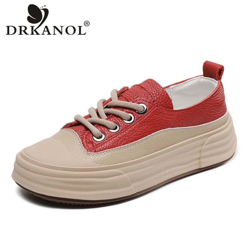 

DRKANOL 2024 Fashion Women Genuine Leather Shoes Lace-Up Round Toe Chunky Platform Casual Sneakers Comfort Shallow Flat Shoes