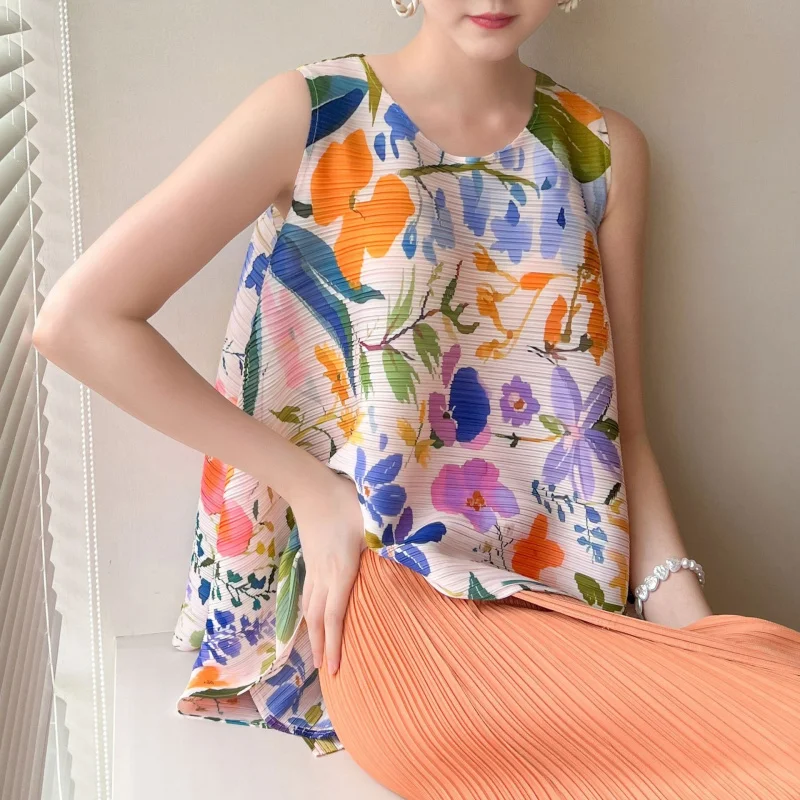 

Women Sunya.1 Miyake Premium Pleated Irregular Printed T-Shirt Loose Casual Versatile Summer Top 1538P