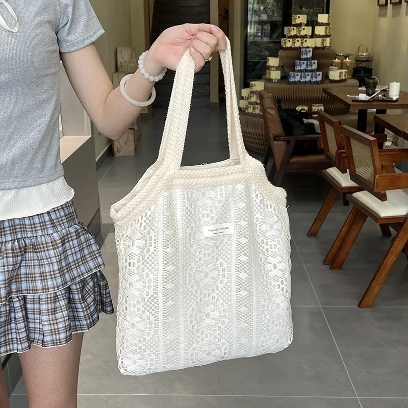 

Casual Hollow Design Women's Knit Shoulder Bags Vacation Style Woven Ladies Beach Bucket Tote Simple Female Underarm Handbags