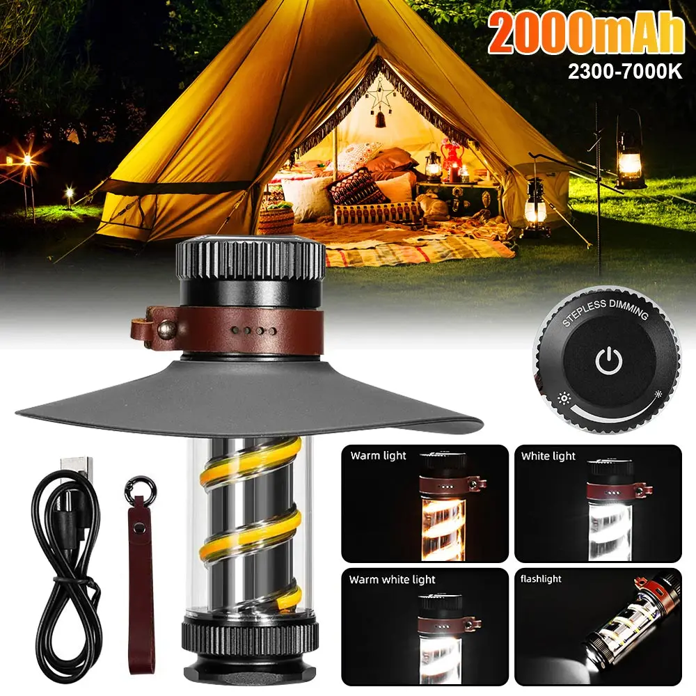 

LED Rechargeable Portable Camping Lantern Camp Bright Flashlights with Stepless Dimming Waterproof Powerful Handheld Work Light