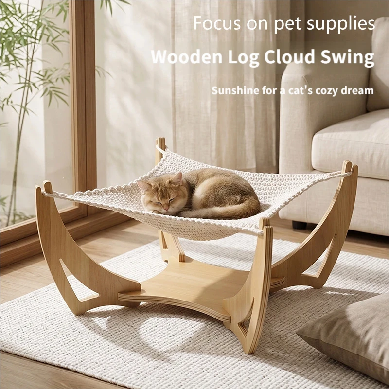 Wooden Cat Hammock Bed Hand‑Woven Breathable Elevated Swing Pet Sofa For Indoor Cats