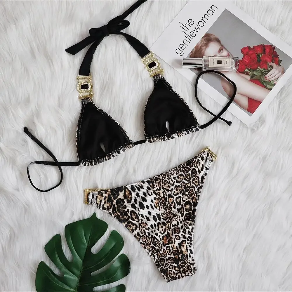 Bikini 2024 Sexy Leopard Diamond Chain Swimwear Swimsuit Women Halter Bikinis Set Bathing Suit Beach Bikini Luxe Female Push Up