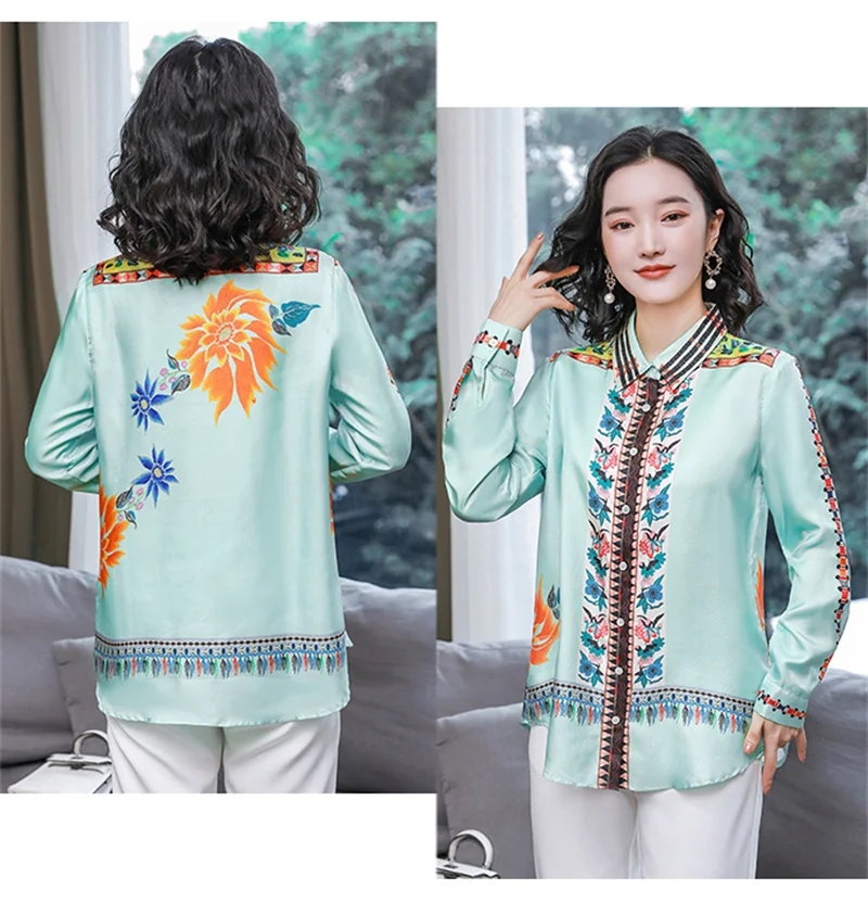 FANIECES Vintage Print Satin Women Shirt Fall Long Sleeve Lapel Button-up Blouses Elegant Tops Office Lady camicie e camicette