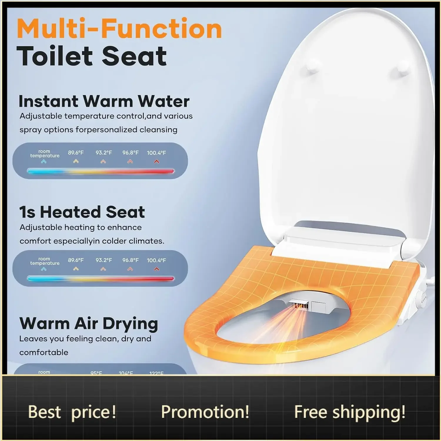 Brand new fast shippingBestsellerElongated Electric Bidet Toilet Seat, Heated Warm Water & Air Dryer | Built-In Night Light & Ai