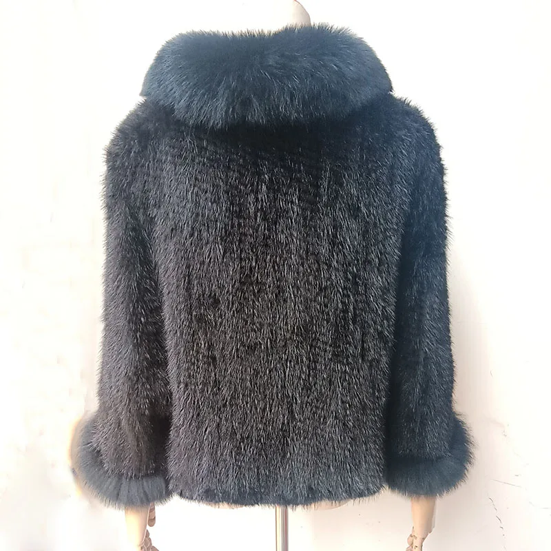 Women Knitted Real Mink Fur  Poncho With Real Fox Fur Collar Female Luxury Genuine Fur Wrap