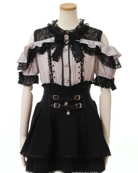 Liz Japanese Mass-Produced Mine Off-Shoulder Lace Ruffle Color-Block Bow Shirt Short Sleeve Tops Spring Summer Lolita Blouses