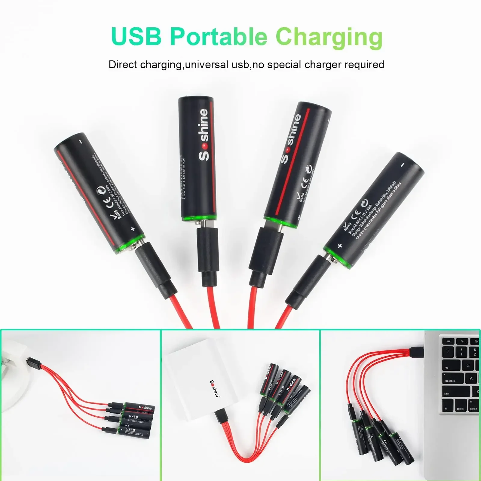 Soshine USB lithium-ion 600 mWh 1,5 V AAA oplaadbare batterijen + 2600 mWh 1,5 V AA-batterij Li-ion AA en AAA oplaadbare batterijen