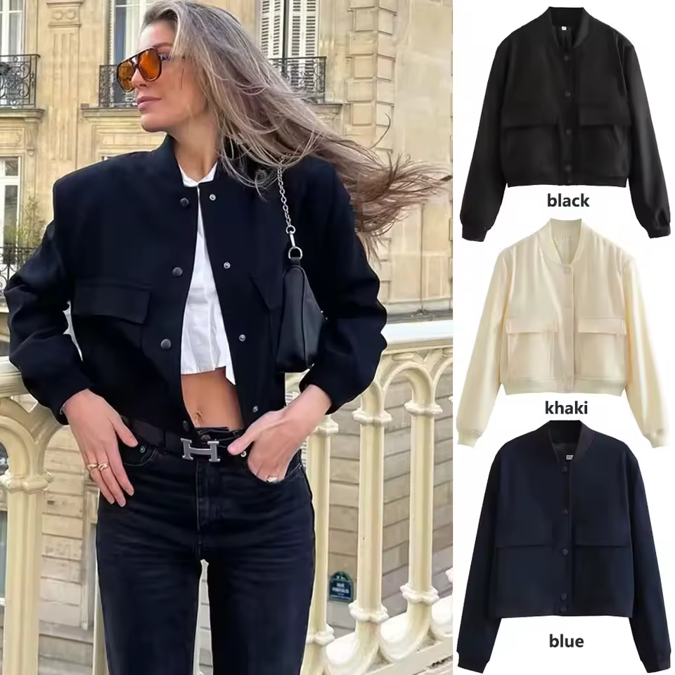 1 pçs mulher jaqueta bomber casaco branco outono inverno botão beisebol aviador recortado jaquetas para mulheres manga longa colheita outerwear