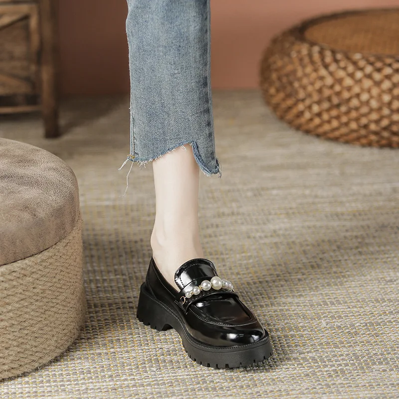 

Leather Shoes Women 2023 New Fashion Spring Autumn Thick Soled Pearl Loafers Women's British Style College Style Single Shoe