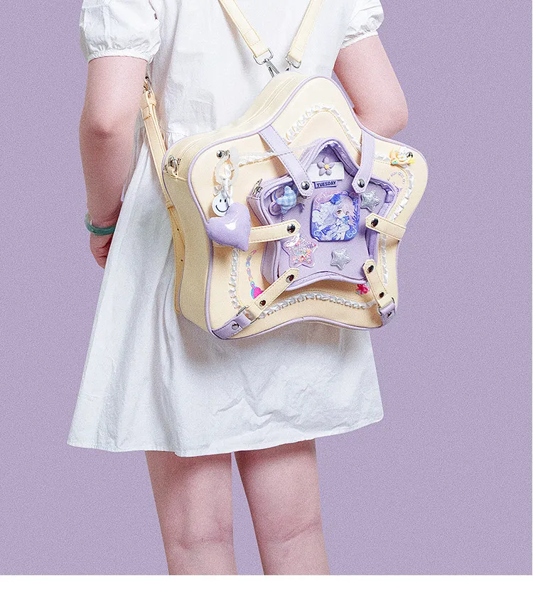 

Японская оригинальная желто-фиолетовая сумка-мессенджер с контрастными вставками и пятиконечной звездой, милый рюкзак с бантом для женщин