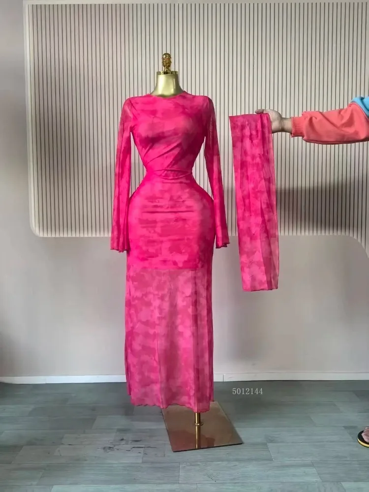 2026年 レディース タイダイ柄 レースアップ バック スカーフ付き ボディコン ミディ丈 長袖 プリーツ マキシ丈ワンピース パーティー 教育 休暇 ロングドレス