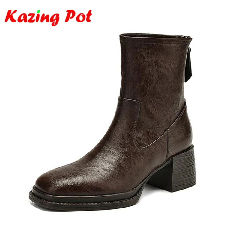 

Krazing Pot Cow Split Skin Thick Med Heels Platform Boots Winter Autumn Vintage Women Gladiator Leisure Gorgeous Ins Ankle Boots