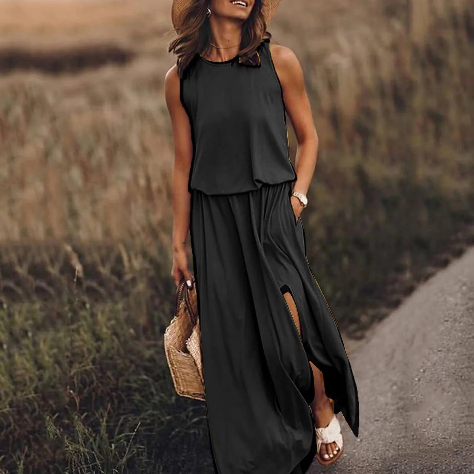 

Long Skirt Sleeveless Round Neck Solid Color Breathable Skin-friendly Polyester Women Casual Long Skirt Party Long Skirt Sundres