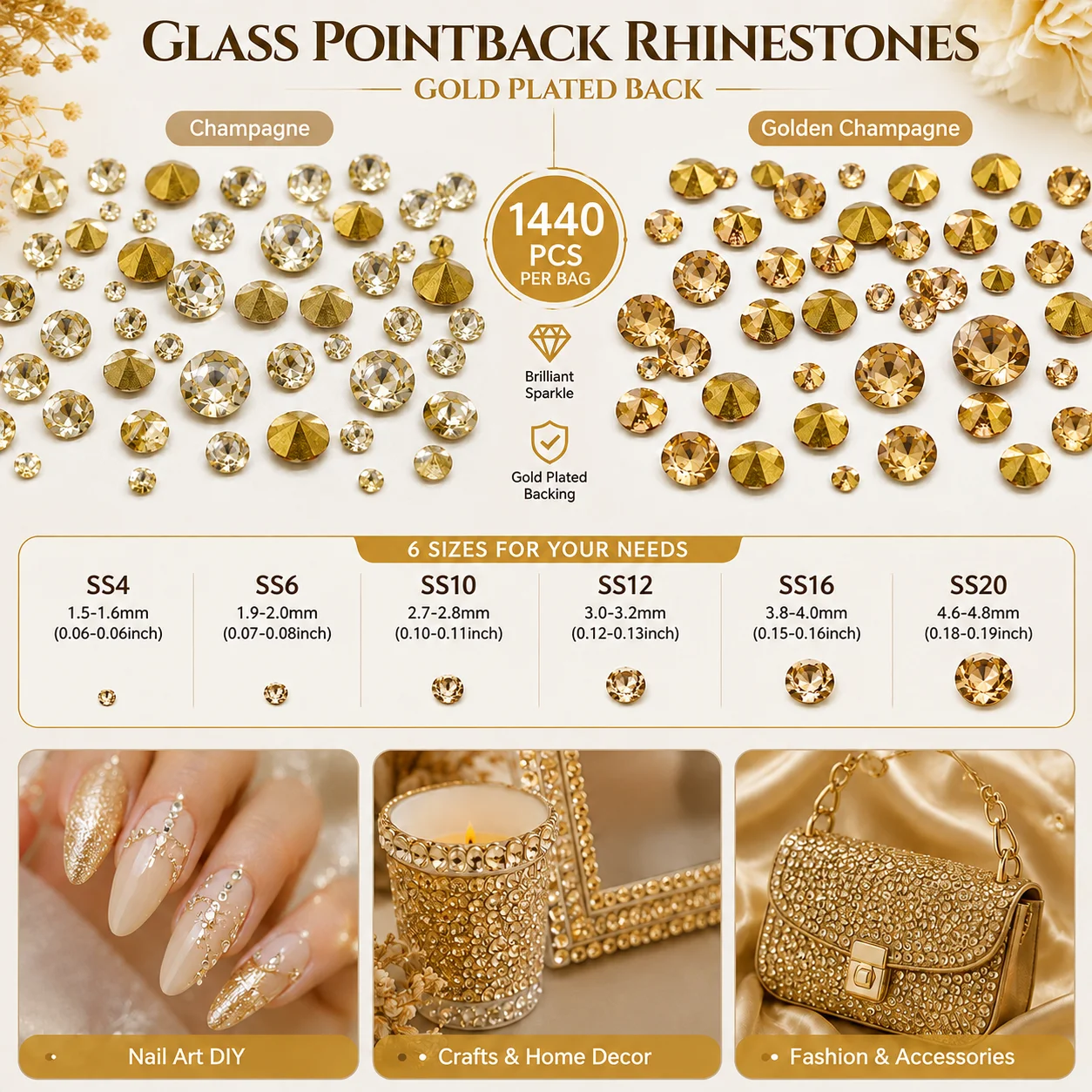 1440PCS Pointed Back Glass Rhinestones Gold Back SS4-SS20, Champagne & Gold Champagne Gems for Nail Art, Clothing, Shoes,DIY