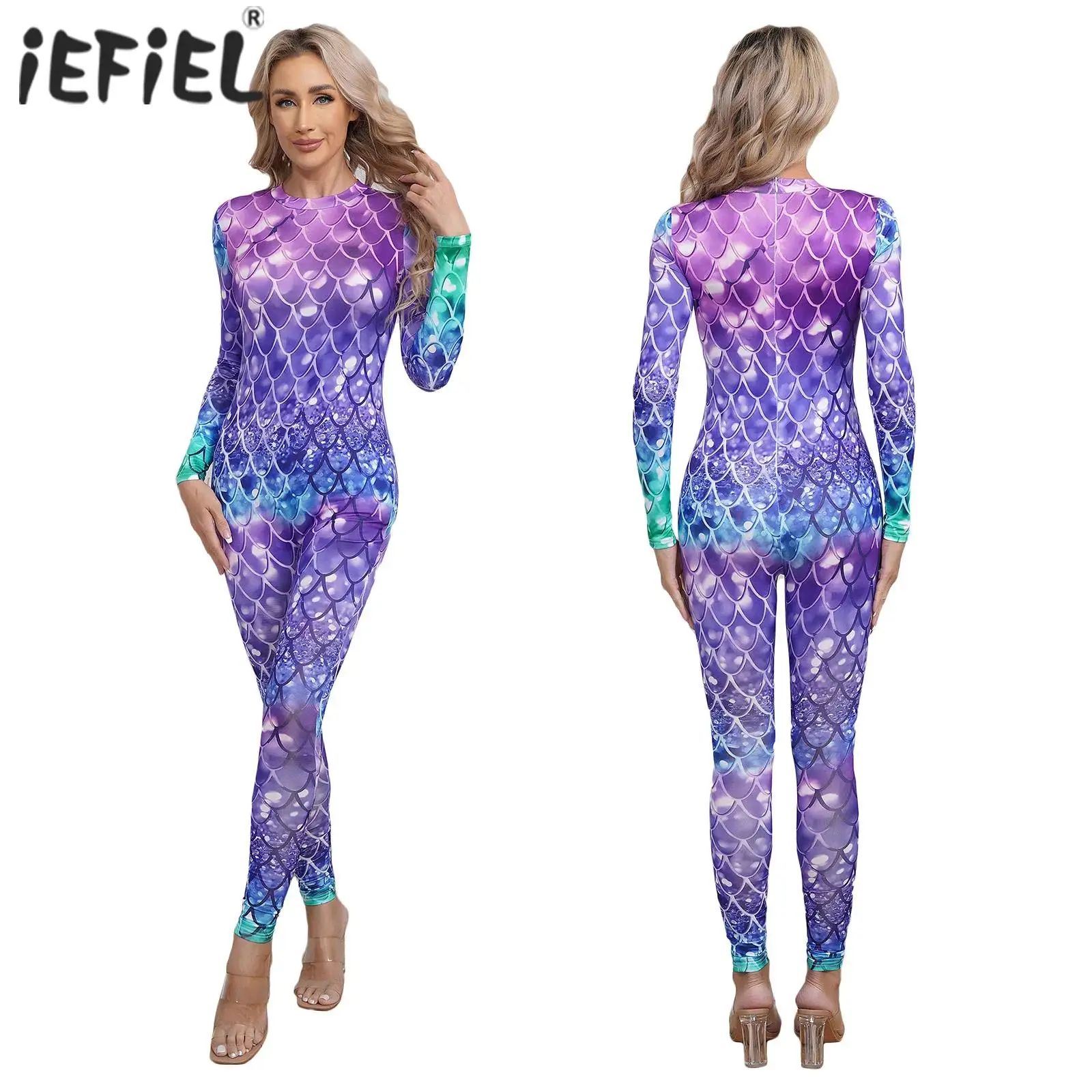 

Womens Swimwear Jumpsuit Mermaid Fish Scale Print Cosplay Bodysuit Long Sleeve Back Zipper Full Body Rompers Beachwear Swimsuit