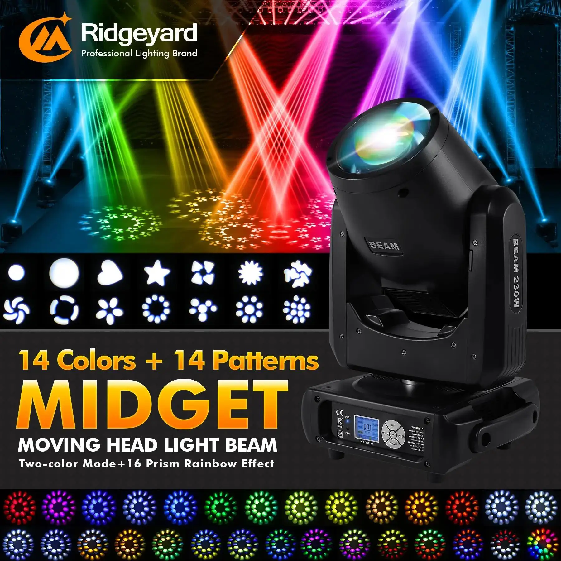 Ridgeyard 7R 230W Beam Moving Head Light DJ Lights DMX512 Beam Zoom 8 + 16 Prisms W / 14 Colori 14 Gobos Illuminazione palcoscenica per festa