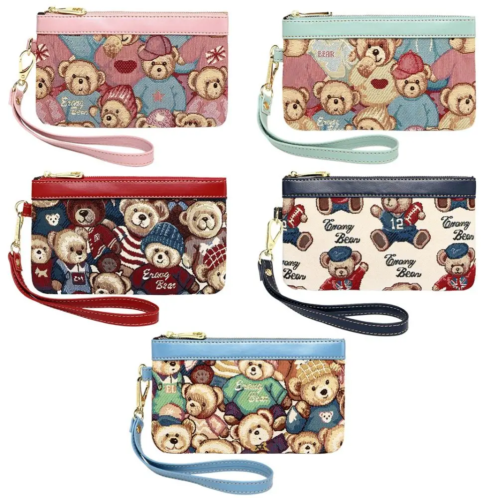 Simple Cartoon Bear Wallet Canvas Letter Women's Clutch Bag Contrasting Colors Mobile Phone Bag for Female Male Gifts