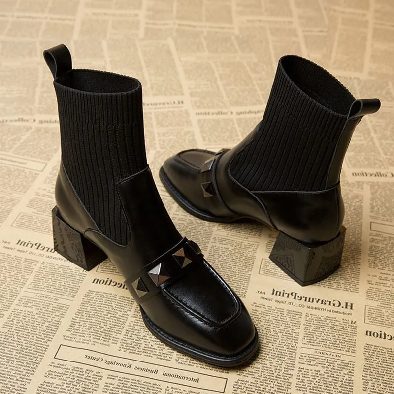 Women Elastic Sock Boots Boots Female Autumn Winter 2024 New Square Toe Short Boots Slip-On Fashion Ankle Boots Botas De Mujer