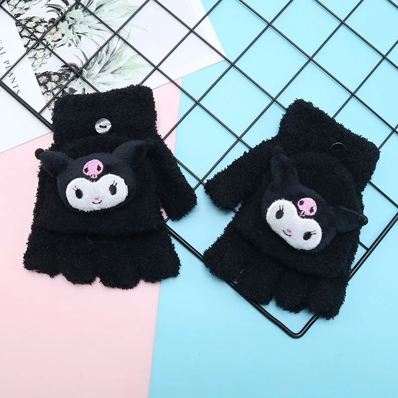 Hello Kitty Women Gloves Winter Warm Cartoon Sanrio Melody Cinnamoroll Pochacco Plush Gloves Student Writing Half Finger Gloves