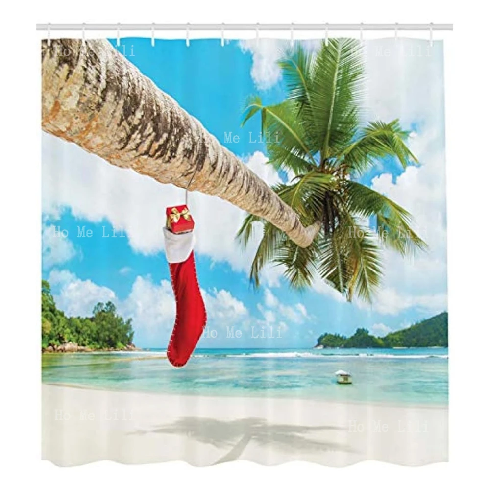 Christmas Shower Curtain Waterproof Fabric Bathroom Decorated With Hot Strip Beach