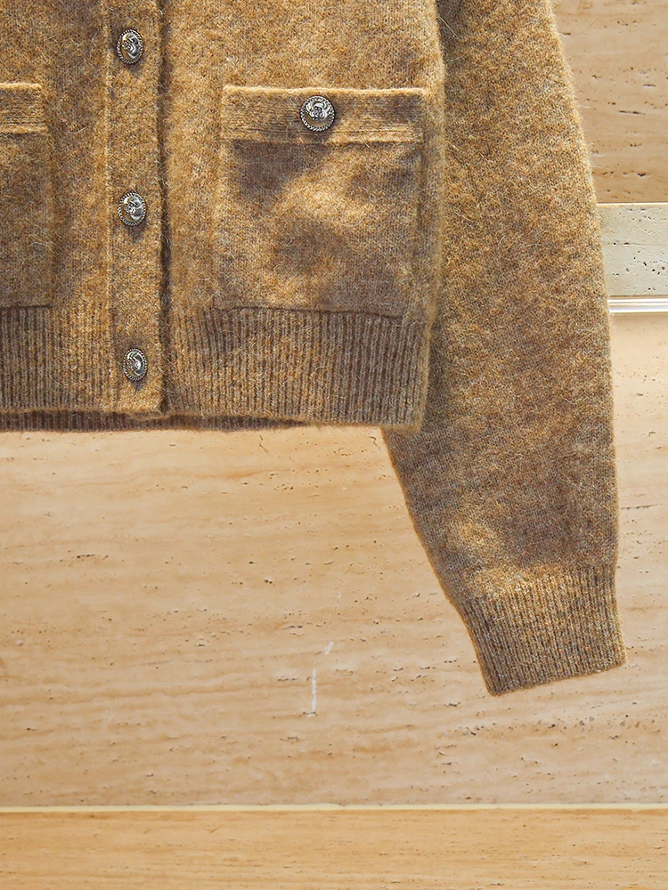 

M Home South Oil High End Women's Autumn Winter Small Fraance Sle Vintage Camel Navy Collar Knitted Open Cardigan Coat