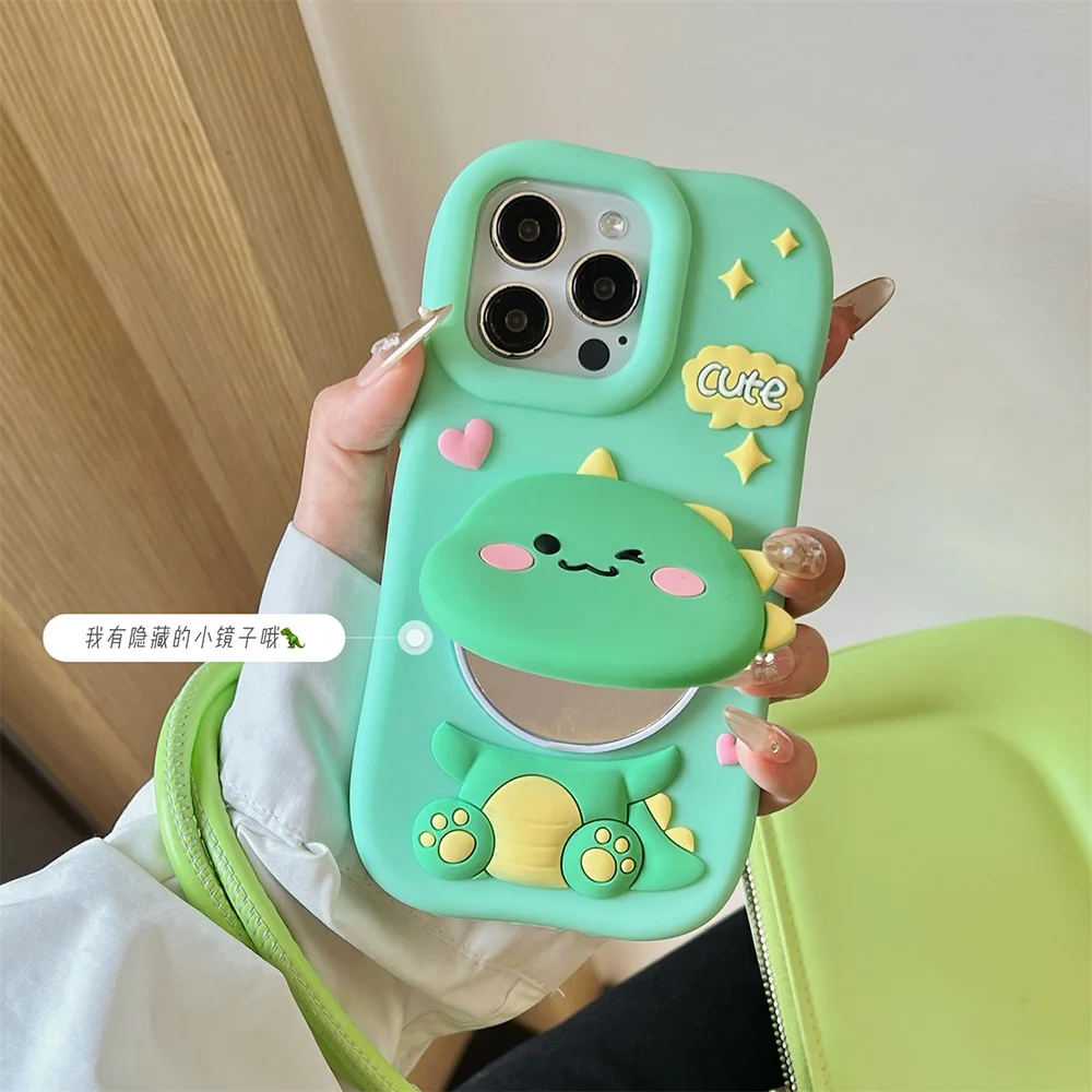 Lustige Dinosaurier-weiche Silikonhülle mit Make-up-Spiegel-Ständerhalter, 3D-Cartoon-Abdeckung für iPhone 12, 13, 14, 15 Plus, 16 Pro Max Capas – Detail 1