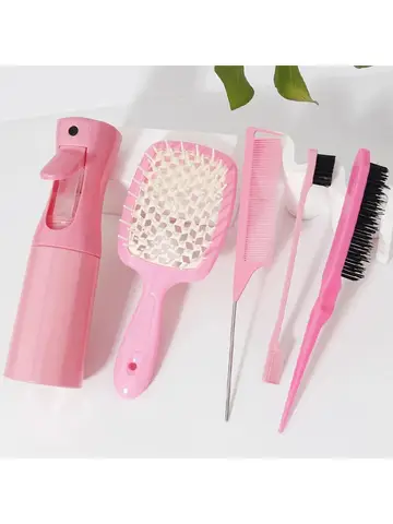 5pcs Hair Tool Set Air Cushion Hollow Comb Scalp Massage Rat Tail Comb Teasing Comb Edge Control Brush Hair Spray Bottle Salon
