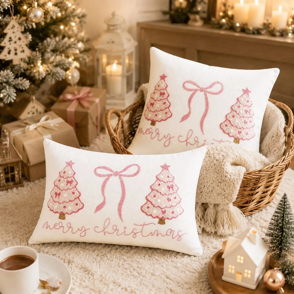 Pink Christmas Embroidered Throw Pillow Hot Sale Towel Embroidery Lumbar Cushion for Living Room Sofa