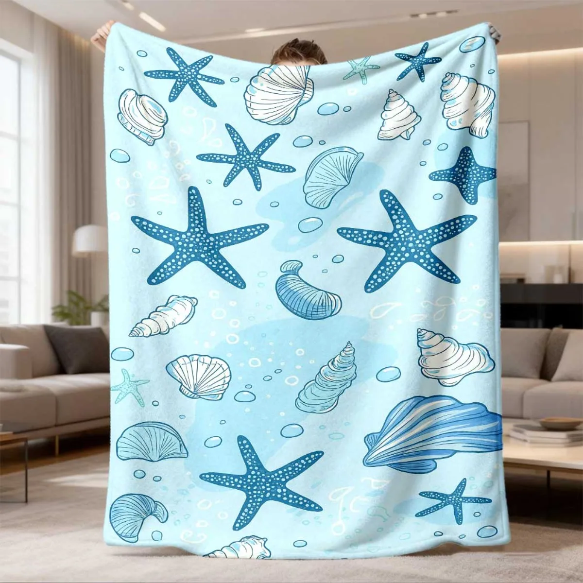 Sea Star Blanket Blue Ocean Starfish Seashells Pattern Bedspread Throw Blanket Beach Travel Couch Sofa Bed Decor