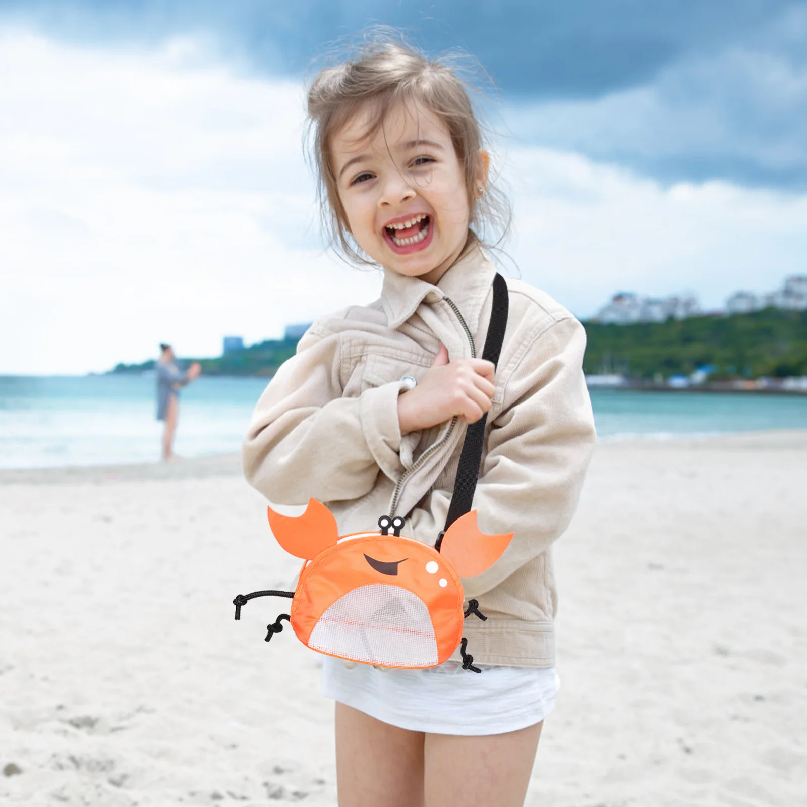 Adorable Crab Print Beach Mesh Bag for Boys Girls Large Compartment Shell Collector Bag with Breathable Mesh Material for Summer
