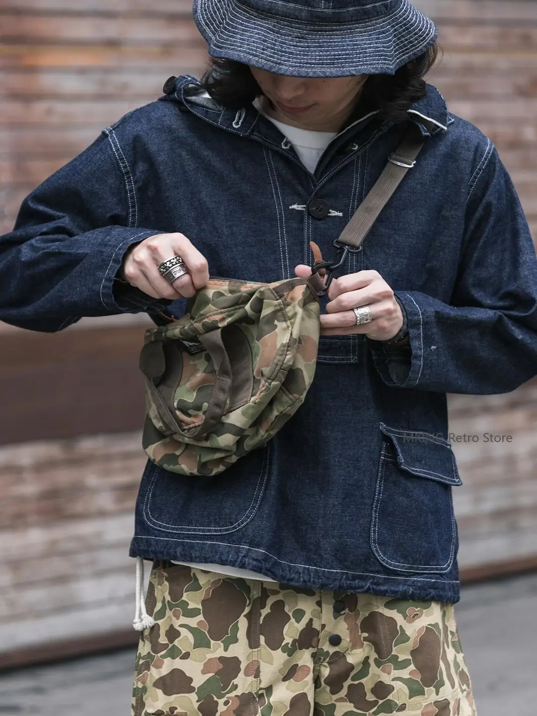 Rugged Bronson Selvage Denim GUNNER SMOCK Artillery Hand Protective Pullover Hooded Camouflage Blouse