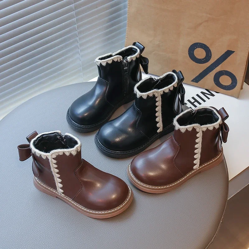 Girls Vintage Ankle Boots, Toddler Kids Spring Autumn Short Boots, Knit Scallop Trim & Back Bow Side Zipper Non-Slip Boots