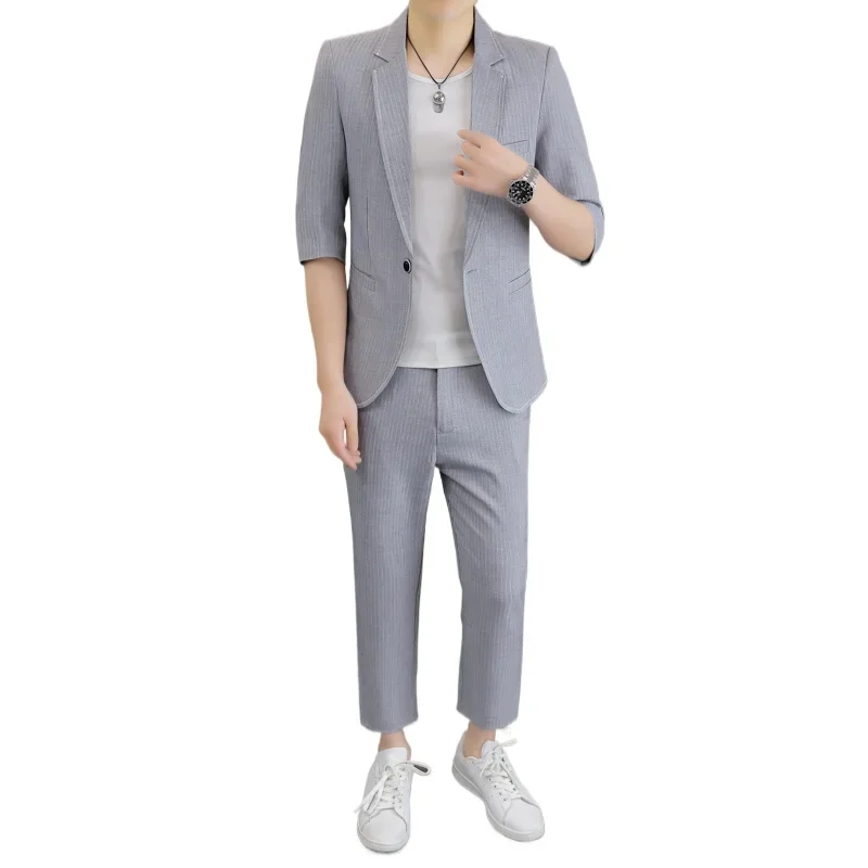 

Fashionable Men's Suit Set Spring Summer Solid Color Trendy Comfortable Slim Fit One-button Suit [3/4 Sleeve Jacket + Trousers]