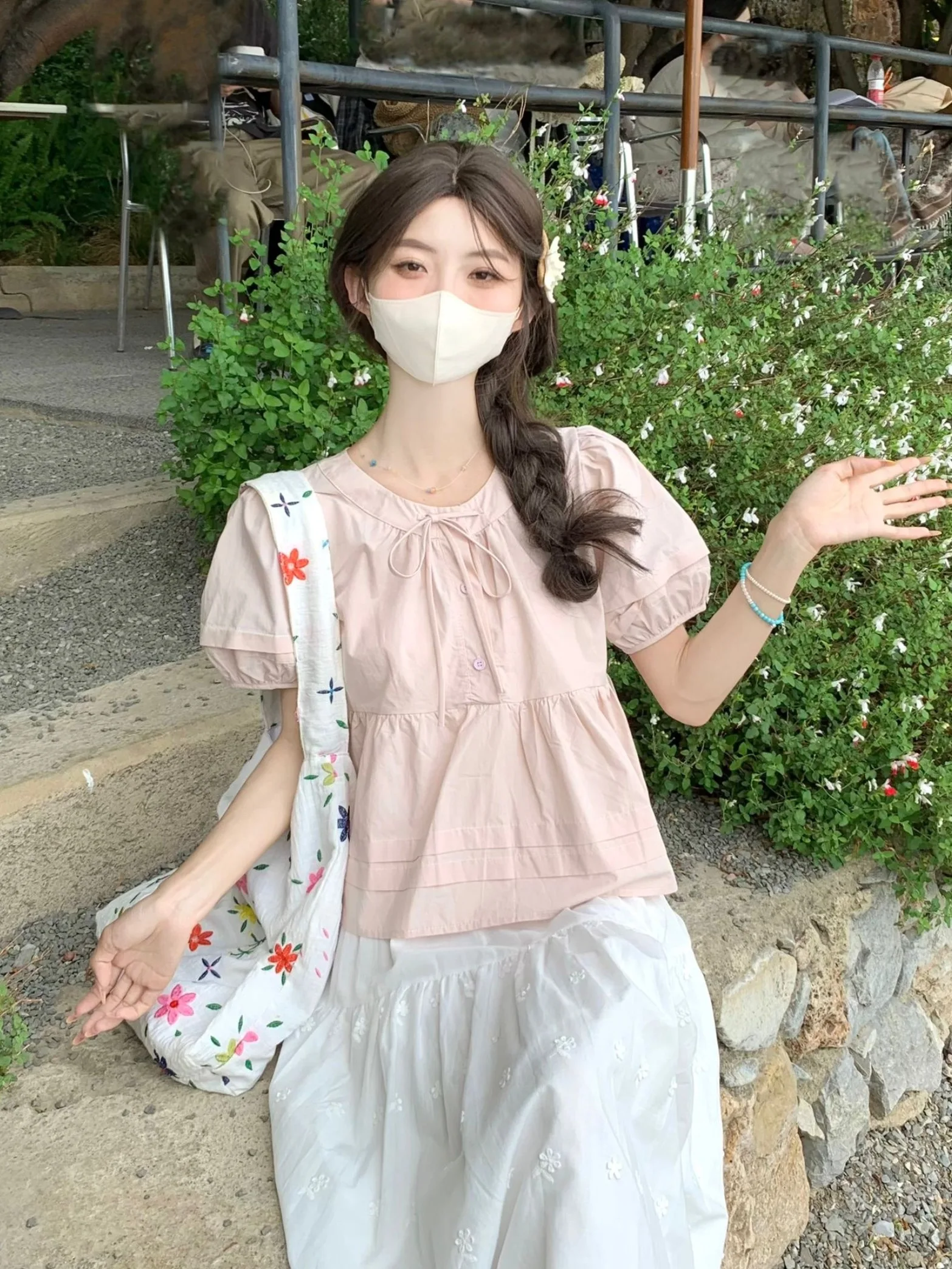 

Blue ort Cotton Linen Bubble Sve irt Women Summer OOTD Doll Set Small Size irt Korean Sle Commute Bubble Sve