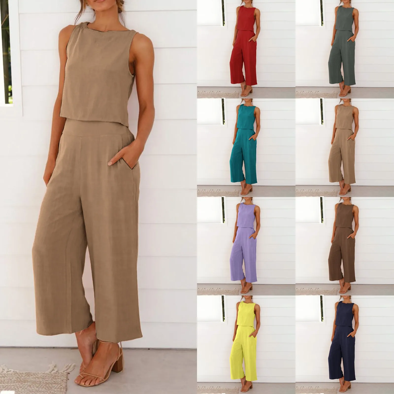 Women Summer Casual Linen 2 Piece Pants Set Solid Elegant Two Piece Suit Sleeveless Wide Leg Trouser 2023 New In Matcing Sets