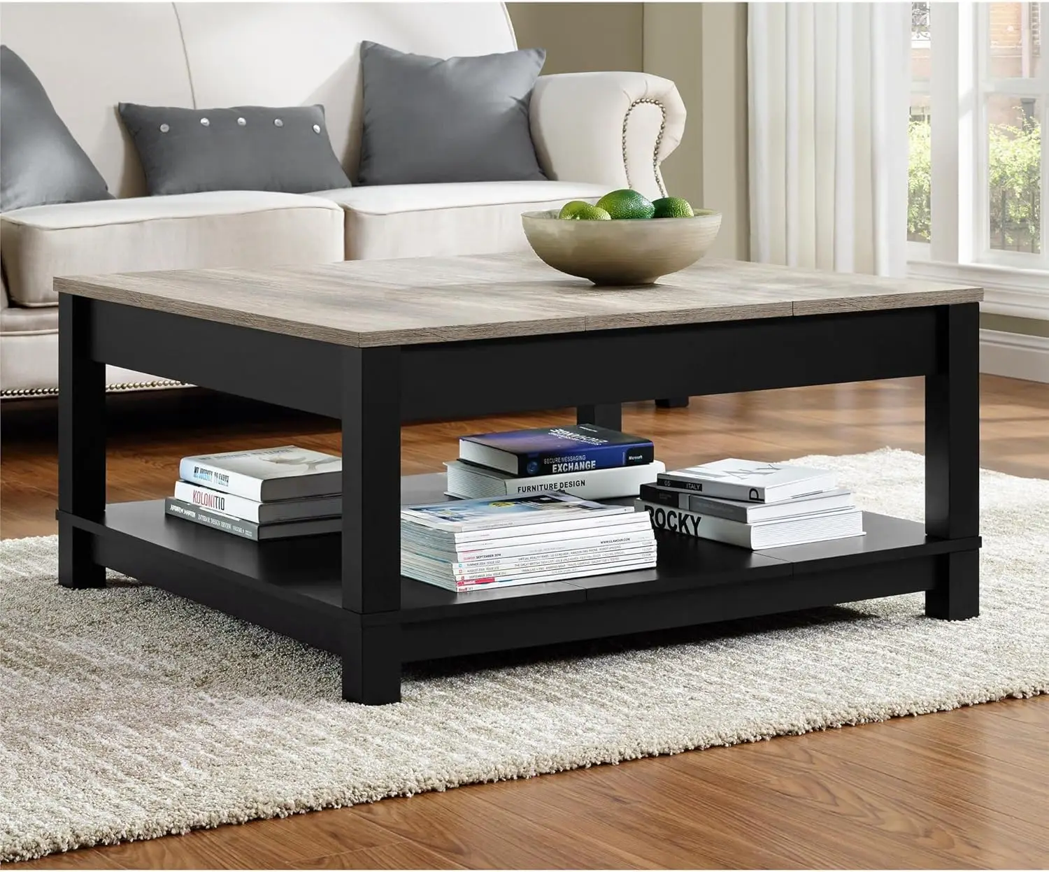 Home  Coffee Table with Open Storage, Matte Black Paint and Distressed Wood Grain Accents