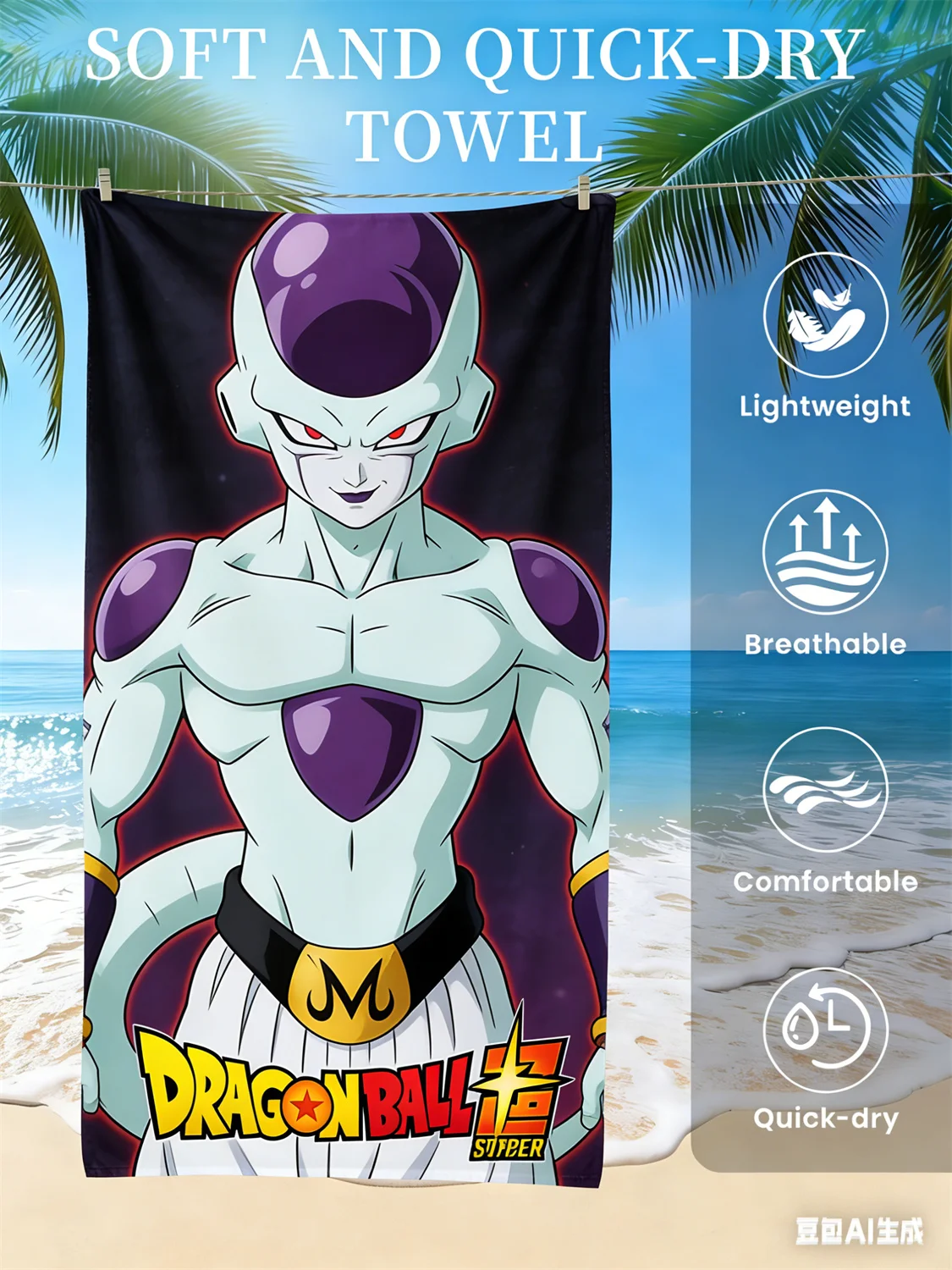 

Пляжное полотенце Dragon Ball, любимое аниме-фанатами, быстросохнущее полотенце с принтом Vegeta Super Saiyan Blue для пляжа, бассейна и любителей аниме.