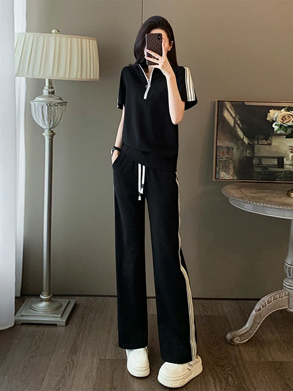 

Black Casual Sportswear Set Women's Summer New Salt Series Anti-Aging Street Style Zipper Short Sleeve Wide Leg Pants Two-Pie...
