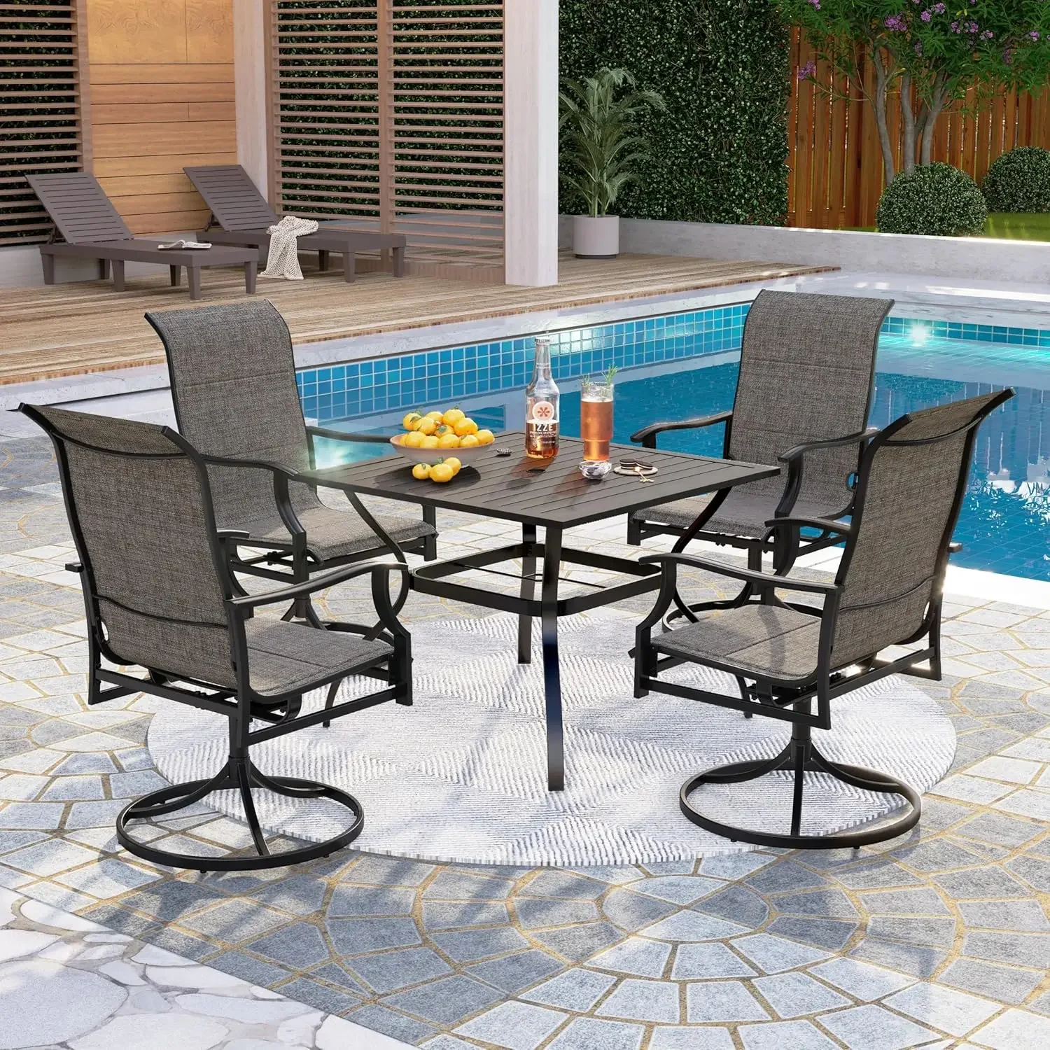 

Outdoor Patio Dining Set 5 Piece, 4 Padded High Back Swivel Chairs and 37"x 37" Square1.57“ Umbrella Hole