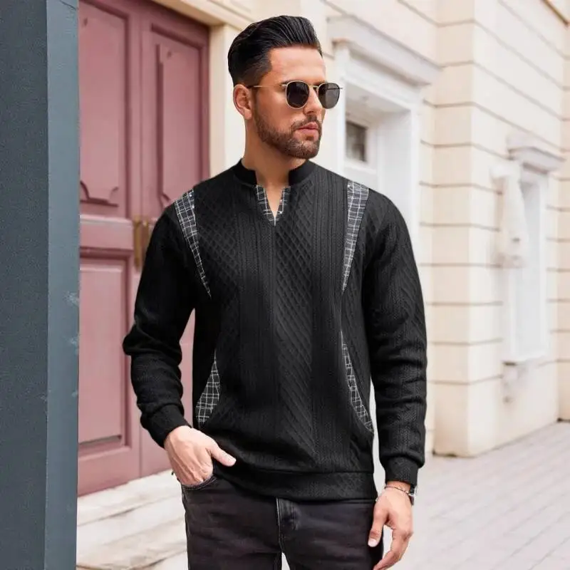 

Autumn And Winter New Long Sleeve All-Matchmen's Jacquard V-Neck Bathroom All Match Casual Patchwork Warm Top
