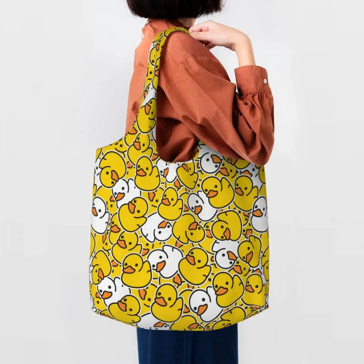 Custom Rubber Duck Bathing Cartoon Pattern Grocery Shopping Bags Canvas Shopper Shoulder Tote Bag Big Capacity Portable Handbag