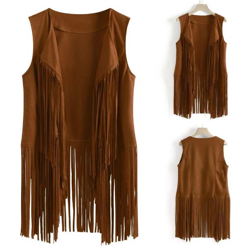 Women Western Faux Suede Fringe Sleeveless Vest Open Front Boho Tassel Long Waistcoat