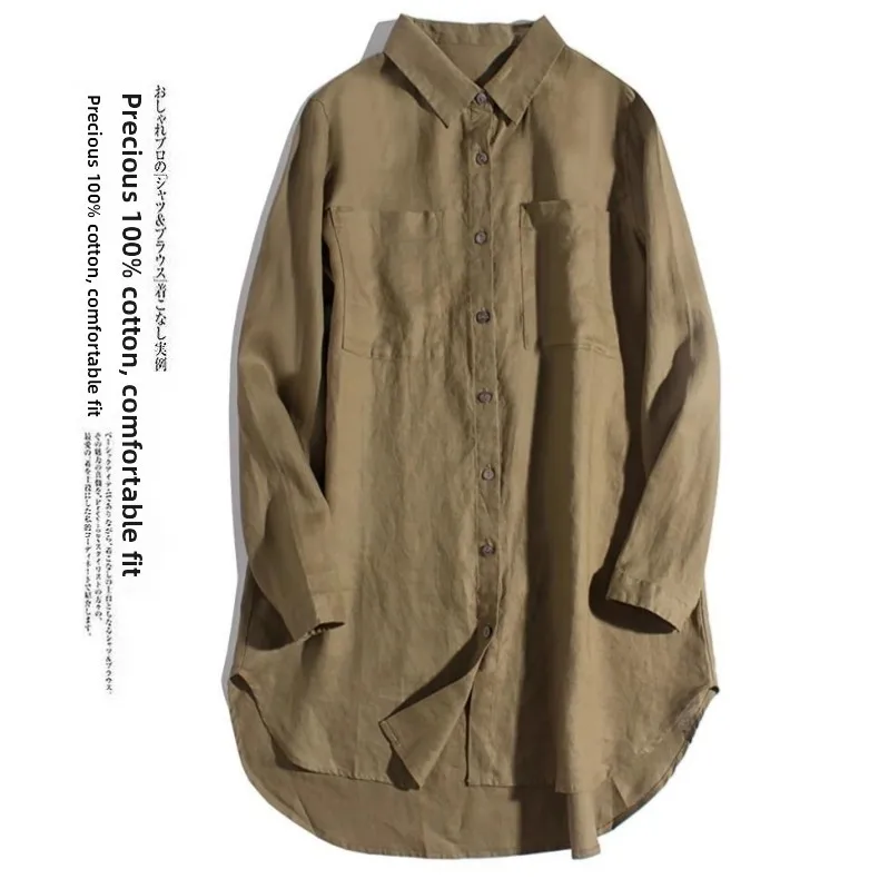 

Spring New Style Simple Artistic Collar Single Button Double Chest Pocket round Hem Long Sleeve Versatile Shirt