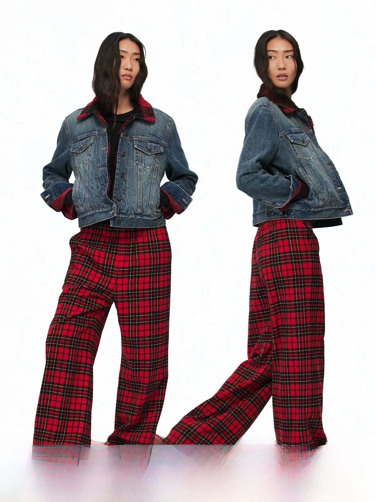 

Alright Then 00% Cotton Fitted Wide oulder Plaid eepskin Denim Jaet Women's Vintage Sle Breathable Long Sve Coat