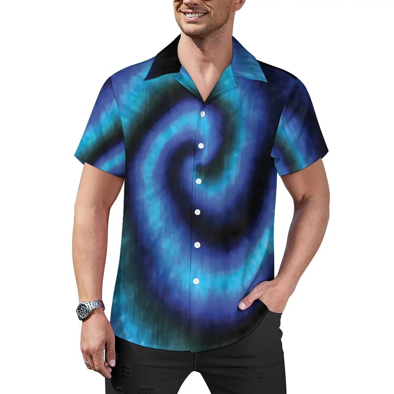 

Black Tie Dye Hawaiian Shirt For Male Beach Blue Spiral Print Casual Shirts Short Sleeve Street Style Classic Oversized Blouses