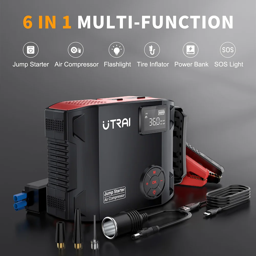 UTRAI Compressor 150PSI Air Pump Bicycle Car 2000A Jump Starter  Power Bank Wireless Tire Inflator LED Air Compressor